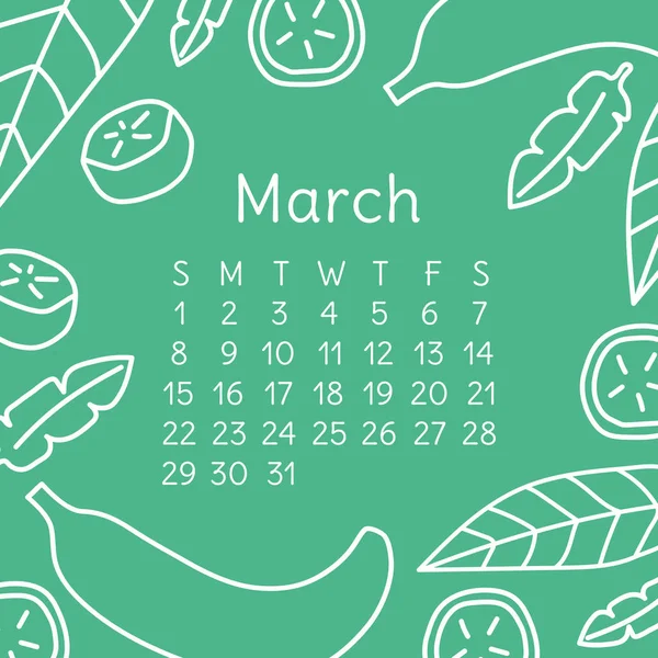 Calendario Marzo 2020 Vector Plantilla Calendario Pared Inglés Fruta Plátano — Archivo Imágenes Vectoriales