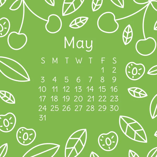 Calendario Mayo 2020 Vector Plantilla Calendario Pared Inglés Bayas Cereza — Archivo Imágenes Vectoriales