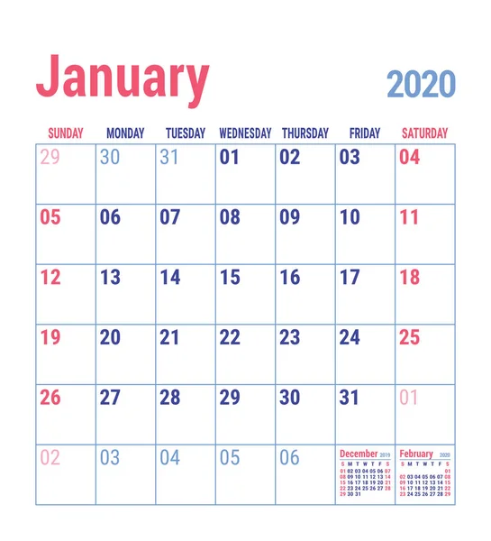 Календар 2020 Року Англійський Шаблон Календаря Векторна Сітка Бюро Планування — стоковий вектор