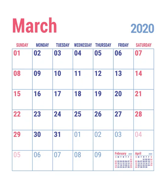 Березень 2020 Англійський Шаблон Календаря Векторна Сітка Бюро Планування Бізнесу — стоковий вектор