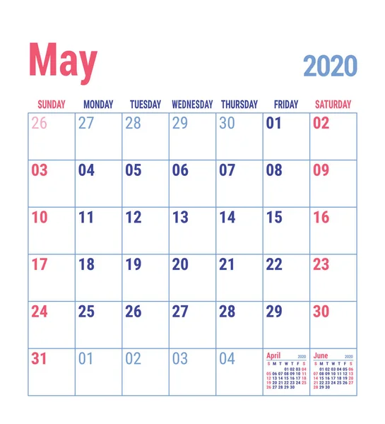 Травень 2020 Англійський Шаблон Календаря Векторна Сітка Бюро Планування Бізнесу — стоковий вектор