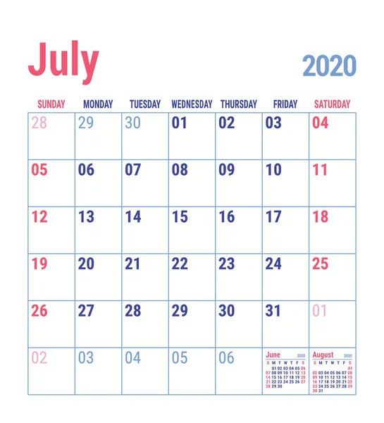 Calendrier Juillet 2020 Modèle Calandre Anglais Grille Vectorielle Planification Des — Image vectorielle