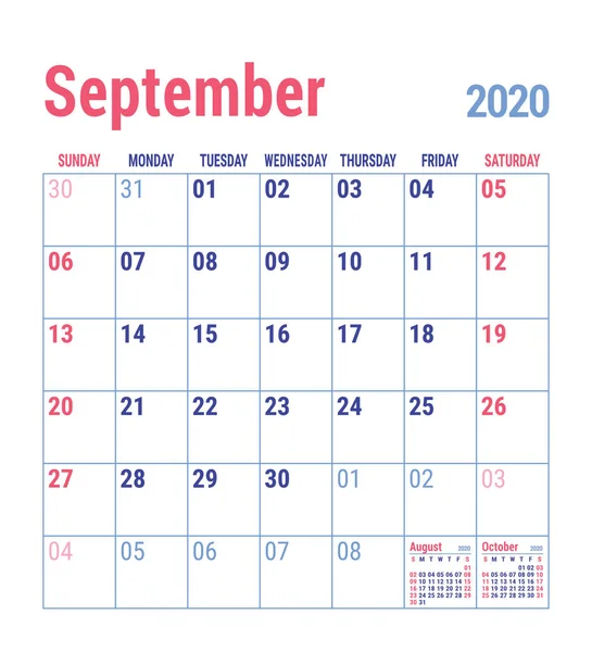 Calendar September 2020 English Calender Template Vector Grid Office Business — Stok Vektör