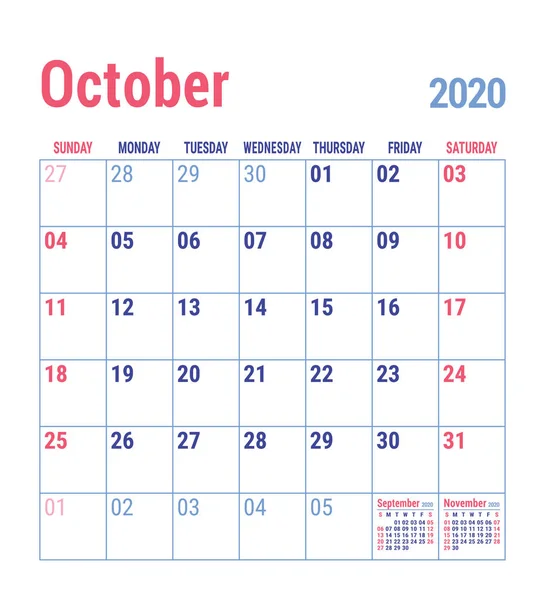Календар Жовтня 2020 Року Англійський Шаблон Календаря Векторна Сітка Бюро — стоковий вектор
