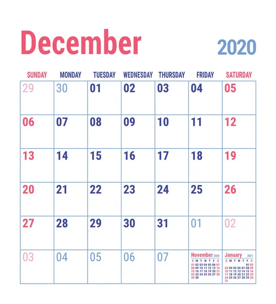 Kalendář Prosinec2020 Šablona Anglického Kalendáře Vektorová Síť Kancelářské Obchodní Plánování — Stockový vektor