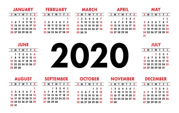 Kalender 2020 Vector Basisraster Eenvoudig Ontwerp Sjabloon — Stockvector