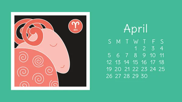 Abril 2020 Calendario Signo Del Zodíaco Aries Horóscopo Vectorial Calendario — Archivo Imágenes Vectoriales
