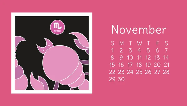 November 2020 Kalender Dierenriemteken Schorpioen Vectorhoroscoop Astrologische Kalender Kleurontwerp — Stockvector