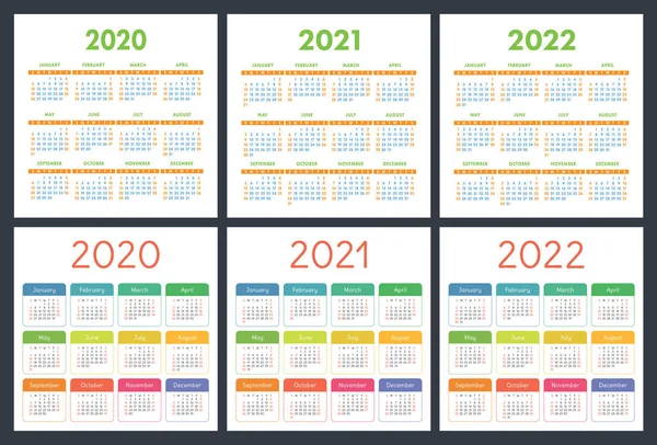 Kalender 2020 2021 2022 Jaar Zak Vierkante Kalender Kleurrijke Set — Stockvector