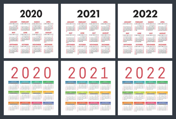 Naptár 2020 2021 2022 Színes Díszlet Zsebnaptár Vasárnap Kezdődik Hét — Stock Vector