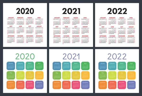 Engelse Kalender 2020 2021 2022 Zakkalender Kleurrijke Set Week Begint — Stockvector