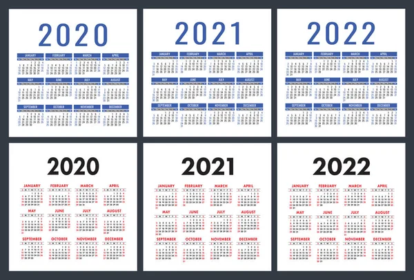 Naptár 2020 2021 2022 Zsebnaptár Angol Vektor Beállítva Vasárnap Kezdődik — Stock Vector