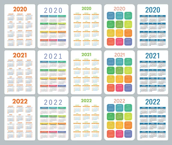 Calendario 2020 2021 2022 Años Colorido Conjunto Vectores Semana Comienza — Vector de stock