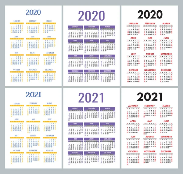 Kalender 2020 2021 Jaar Kleurrijke Vectorset Week Begint Zondag Verticaal — Stockvector