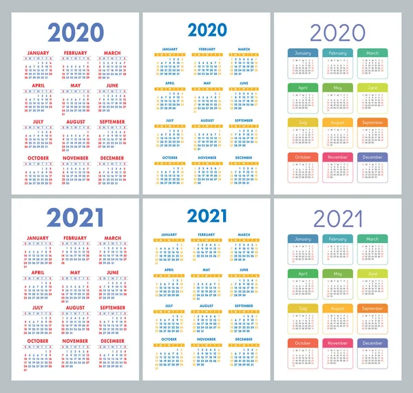 Calendario 2020 2021 Años Colorido Conjunto Vectores Semana Comienza Domingo — Vector de stock