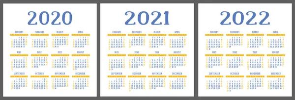 Calendario 2020 2021 2022 Años Plantilla Diseño Calendario Vectorial Vertical — Vector de stock
