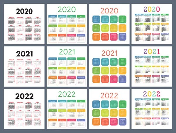 Calendario 2020 2021 2022 Años Calendario Bolsillo Conjunto Colorido Semana — Vector de stock