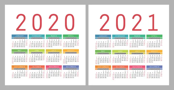 Kalender 2020 2021 Vierkante Vector Kalender Ontwerp Template Engelse Kleurrijke — Stockvector