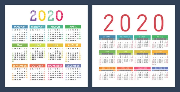 Calendar 2020 Year Vector Calender Design Template Colorful Set Week — Stock Vector