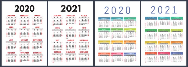 Calendario 2020 2021 Anni Set Vettori Colorati Settimana Inizia Domenica — Vettoriale Stock