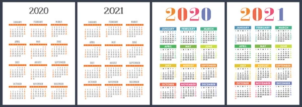 Kalendář 2020 2021 Let Barevný Vektor Nastaven Týden Začíná Neděli — Stockový vektor