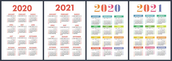 Календар 2020 2021 Років Колоритна Векторна Множина Тиждень Починається Неділю — стоковий вектор