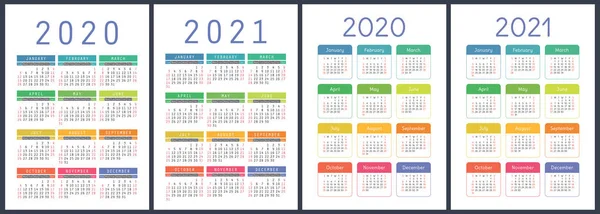 Calendario 2020 2021 Años Colorido Conjunto Vectores Semana Comienza Domingo — Vector de stock