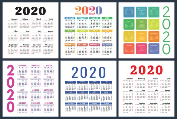 Calendario 2020 Conjunto Años Plantilla Diseño Calendario Cuadrado Vectorial Colorida — Vector de stock