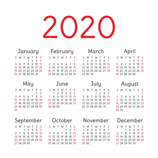 English Calendar 2020 Year Vector Square Calender Design Template Week — Stok Vektör