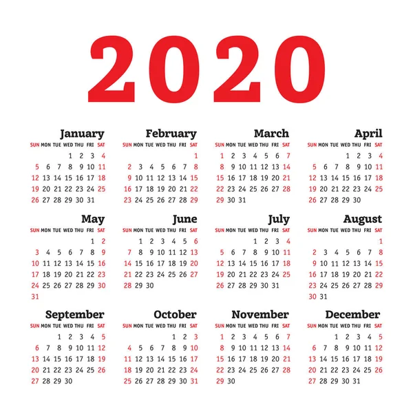 Engelse Kalender 2020 Jaar Vector Vierkante Kalender Ontwerp Template Week — Stockvector