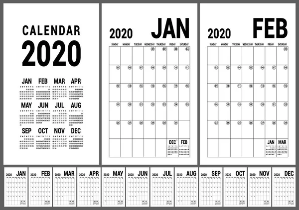 Calendar 2020 English Calender Template Vector Planner Grid Office Business — Stock Vector