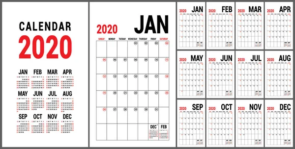 Calendar 2020 English Calender Template Vector Grid Office Business Planning — Stock Vector