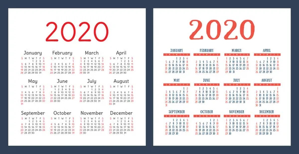Calendario 2020 Anno Set Modelli Progettazione Vettoriale Calandra Tascabile Settimana — Vettoriale Stock
