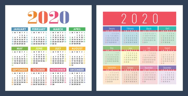 Calendario 2020 Anno Set Modelli Design Bambini Vettoriali Calendario Tascabile — Vettoriale Stock