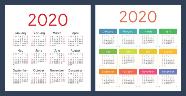 Calendario 2020 Anno Set Modelli Progettazione Vettoriale Calendario Tascabile Colorato — Vettoriale Stock