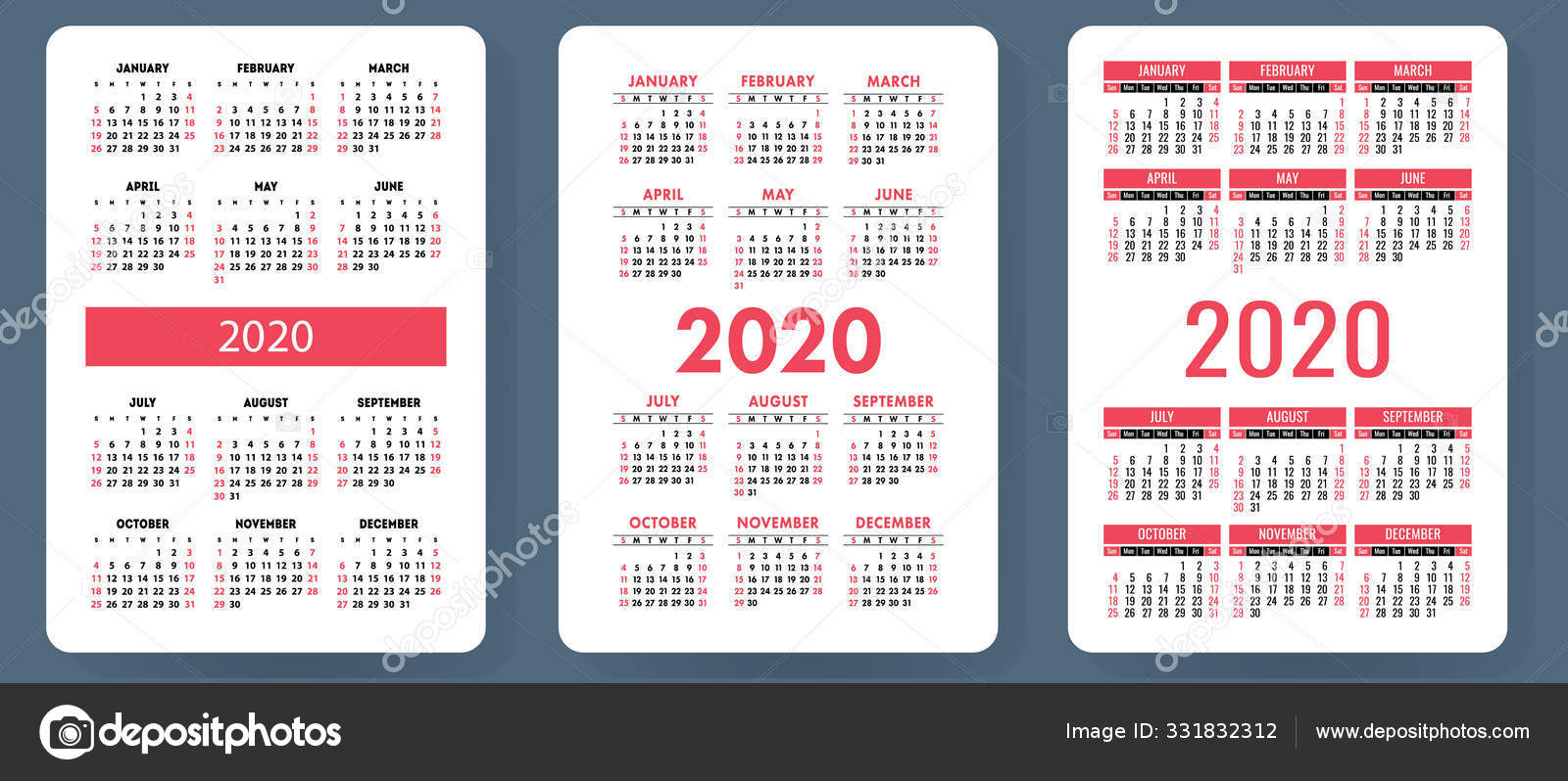 Calendario 2020 Colorido Conjunto Vectores Colección Calendario