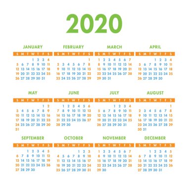 English calendar 2020 year. Vector square calender design template. Week starts on Sunday