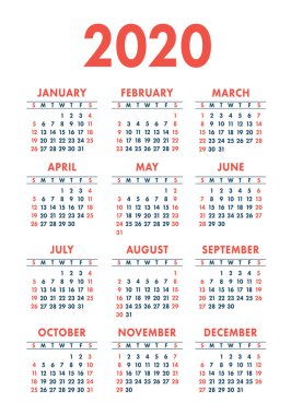 Calendar 2020 year. Vector design template. English vertical pocket calender. Week starts on Sunday