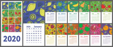 Calendar 2020. Vector English flip wall calender. Hand drawn. Fruits, berries. Lemon, kiwi, banana, pear, cherry, strawberry, raspberry, watermelon, grapes, apple, pomegranate and mandarin. Doodle sketch