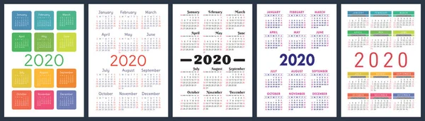 2020日历年设定 矢量立式日历设计模板 色彩斑斓的英语选集 星期日开始一周 — 图库矢量图片