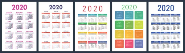 2020日历年设定 矢量立式日历设计模板 色彩斑斓的英语选集 星期日开始一周 — 图库矢量图片