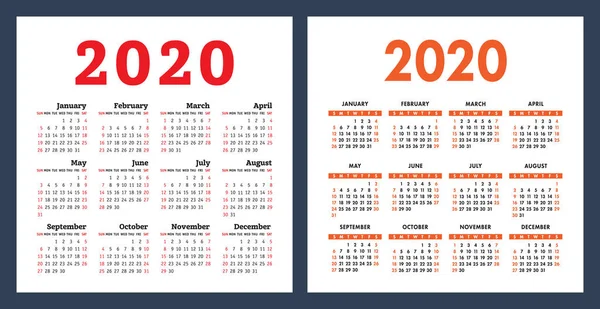 Calendario 2020 Anno Set Modelli Progettazione Vettoriale Calandra Tascabile Settimana — Vettoriale Stock