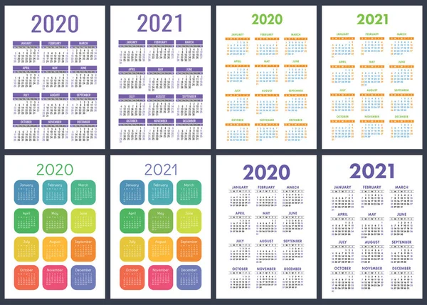 Ημερολόγιο 2020 2021 Χρόνια Πολύχρωμο Διανυσματικό Σύνολο Εβδομάδα Αρχίζει Την — Διανυσματικό Αρχείο