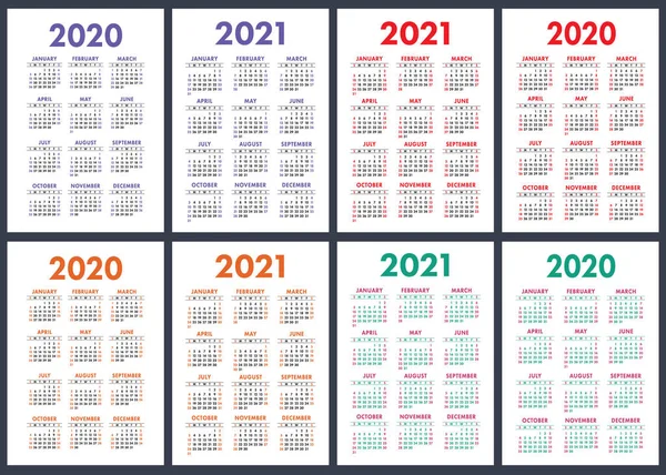 Ημερολόγιο 2020 2021 Χρόνια Πολύχρωμο Διανυσματικό Σύνολο Εβδομάδα Αρχίζει Την — Διανυσματικό Αρχείο