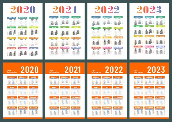 Calendario 2020 2021 2022 2023 Juego Vectores Color Inglés Plantilla — Vector de stock