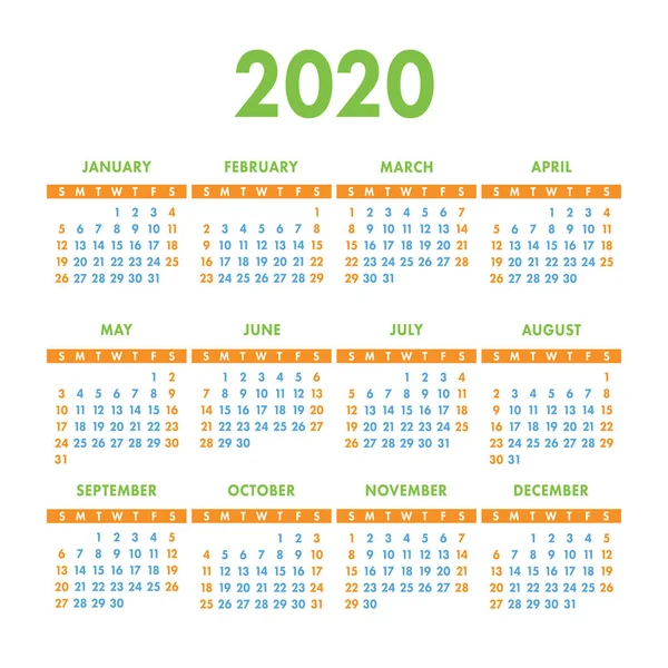 English Calendar 2020 Year Vector Square Calender Design Template Week — Stok Vektör