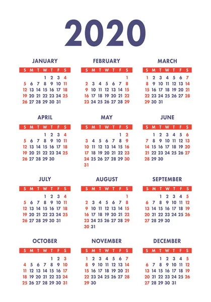 Calendar 2020 Year Vector Design Template English Vertical Pocket Calender — Stok Vektör