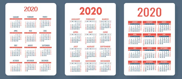 Calendario 2020 Juego Vectores Rojo Azul Colección Calendario Bolsillo Semana — Vector de stock