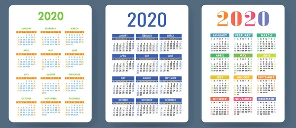 Calendario 2020 Colorido Conjunto Vectores Colección Calendario Bolsillo Semana Comienza — Vector de stock