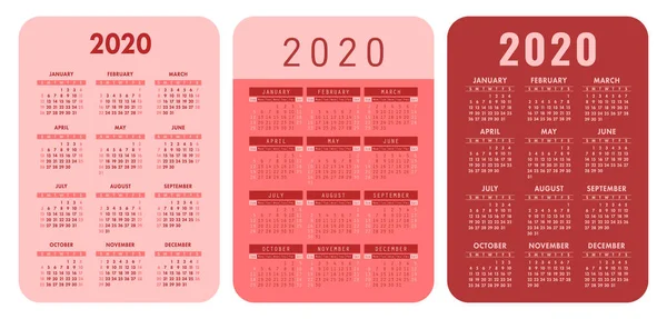 Cuadrícula Calendario Año 2020 Juego Calendario Bolsillo Colección Diseño Vectorial — Vector de stock